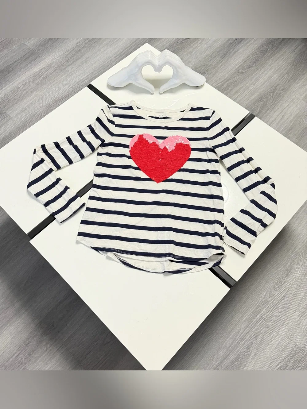 ✨ GAP Kids XXL (14-16) Striped Reversible Sequin Heart Long Sleeve Top❤️